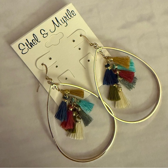 Ethel & Myrtle Gold Teardrop Dangle Earrings with Multicolor Tassels, 3” Drop - Picture 3 of 12